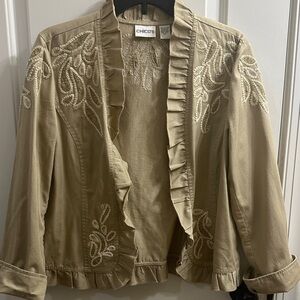 Chico's Beige Ruffled Embroidered Open Blazer